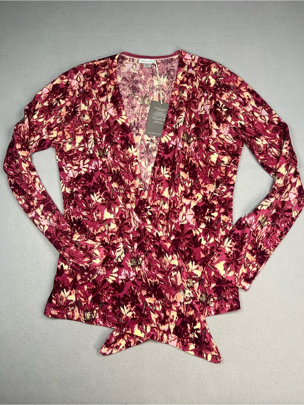 Garnet Hill 100% Merino Wool Open Front Print Cardigan M